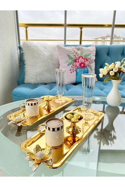 NEWTREND Züccaciye 3-Piece Lily Floral Luxury Stainless Steel Baton Serving, Tea, Coffee, Catering and Presentation Tray