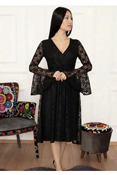 Hepsibitarz Kadın Siyah V Yaka Güpür Dantel İspanyol Kol Abiye Elbise