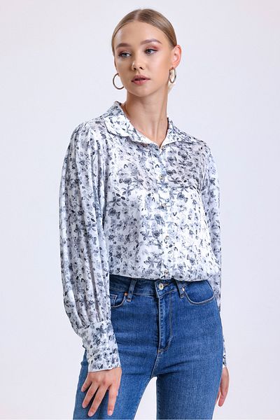 MD trend Women's Anthracite Balloon Sleeve Floral Patterned Summer Yoryo Satin Shirt