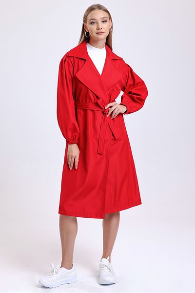 MD trend Women's Red Double Pocket Balloon Sleeve Belted Trench Coat