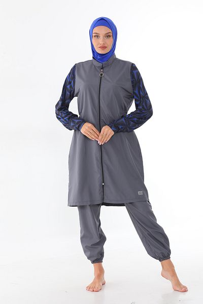 Elif Okur Full Covered Micro Hijab Swimsuit Gray 7531