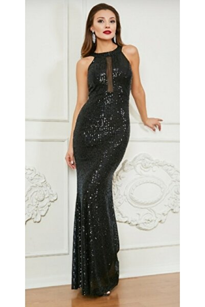 Hepsibitarz Kadın Siyah Pul Payetli Balık Model Abiye Elbise