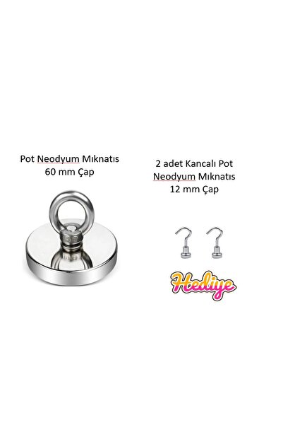 Hdg 60 mm Halkalı Neodyum Pot Mıknatıs Fishing Magnet, - 2 adet 12 mm kancalı...