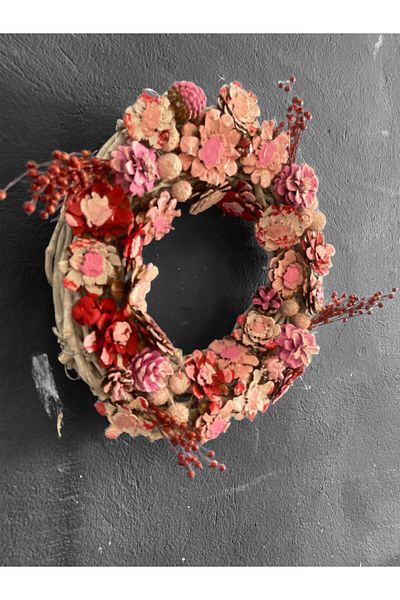 ART PINE DOOR DECORATION - PINK WREATH 40CM - NEW YEAR - CHRISTMAS - BIRTHDAY VALENTINE NATURAL DECORATIVE
