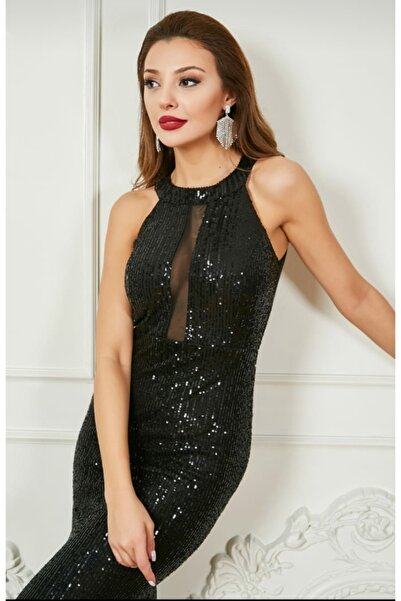 Hepsibitarz Kadın Siyah Pul Payetli Balık Model Abiye Elbise