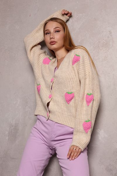 fujya Women's Cardigan Laser Cut Strawberry