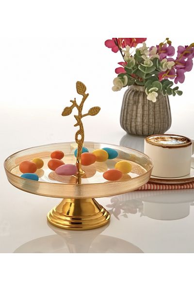 Elzem DECORATIVE GOLD FOOT GLASS PRESENTATION SHOWER TREATS DISH STAND WITH METAL ACCESSORIES LUXURY