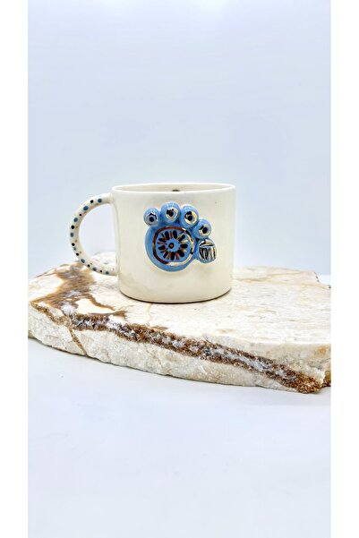 Otantik Nazar Çemberi 24K Altın Dekorlu El Yapımı Seramik Mug 220mL