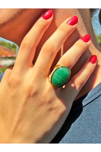 esha خاتم حجر طبيعي بيضاوي من العقيق الأخضر قابل للتعديل للنساء