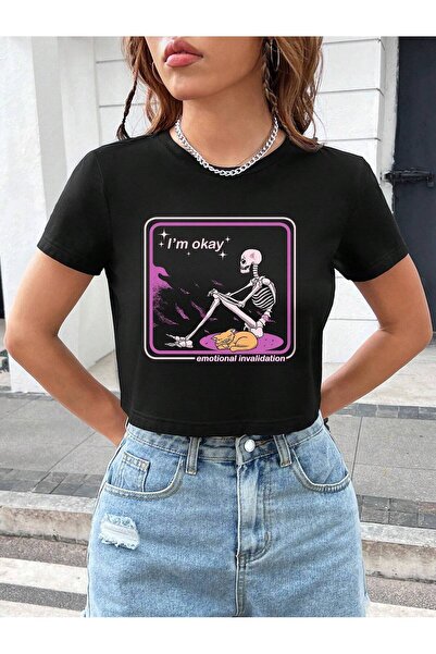 Jose Clothing FEMEI NEGRU IMPRIMAT MÂNECĂ SCURTĂ AșEZAT PE CORP CROP TOP BABY...