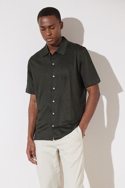 BROOKS BROTHERS Ανδρικό λινό κοντομάνικο πουκάμισο χακί