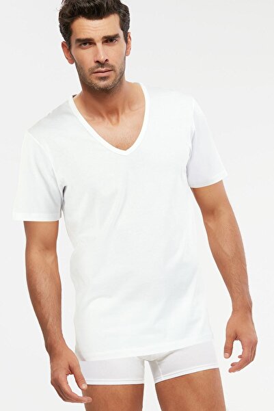 Kom Men's White Combed Cotton V-Neck T-shirt Enrico Undershirt 4-Piece