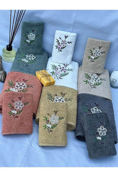 AYHANHOME 3D Flower Embroidered Mother-Daughter Luxury Dowry Set 6 Pieces 50x90, 6 Pieces 30x50 Hand Face Towel Set