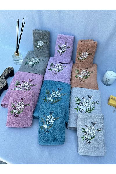 AYHANHOME 3D Embroidered Mother-Daughter Luxury Dowry Set 6 Pieces 50x90, 6 Pieces 30x50 Hand and Face Towel Set