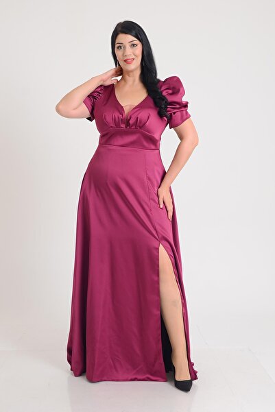 SpringStore Mürdüm Karpuz Kol Saten Büyük Beden Abiye Elbise