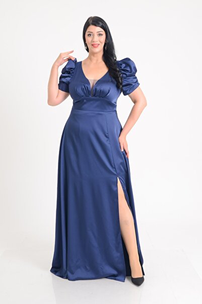 SpringStore Lacivert Karpuz Kol Saten Büyük Beden Abiye Elbise