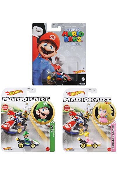 HOT WHEELS 3lü Set Süper Mario Kart Movie Hotwheels Yeşil Mario Luigi Pembe Prenses Peach DieCast Super Seti HS