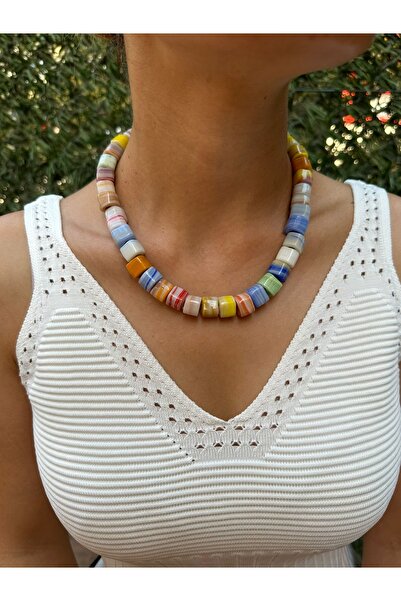 wanwa aksesuar Büyük Kare Ebruli Kolye