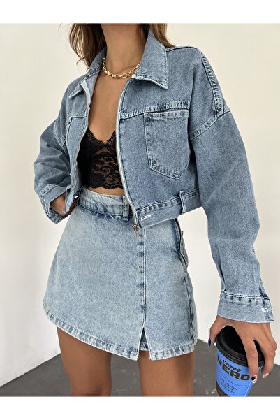 Fav Style Dámská džínová bunda se zapínáním na zip s dvojitou kapsou, tmavě modrá