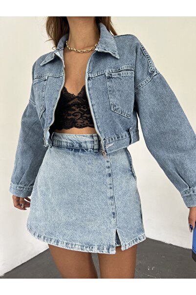 Fav Style Dámská džínová bunda se zapínáním na zip s dvojitou kapsou, tmavě modrá