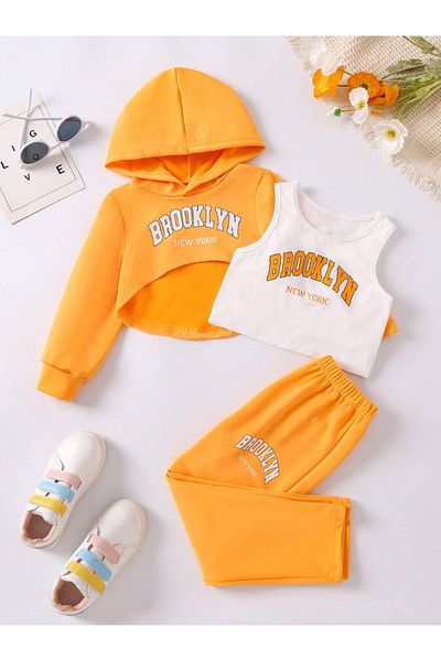Machetta Copii - Set de trening pentru copii, portocaliu, cu glugă, 3 piese Brooklyn, alb, cu bretele