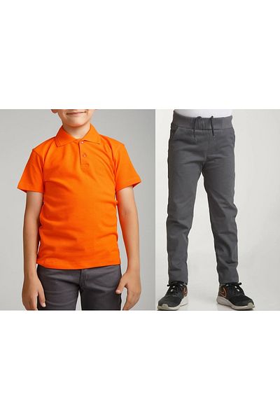 FATELLA Unisex children's school ribbed waist trousers - orange short sleeve Polo collar T-shirt 2-piece set
