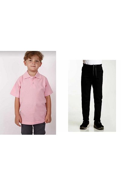 FATELLA Unisex children's school ribbed waist trousers - pink short sleeve Polo collar T-shirt 2-piece set
