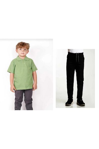 FATELLA Unisex children's school rib waist pants - green short sleeve Polo collar T-shirt Two-piece set