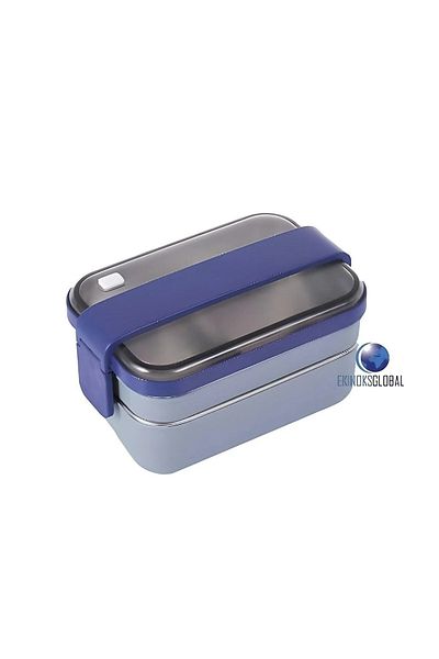 Vagon 1200ml Stainless Double Layer Steel Food Container - Grey-Navy Lunch Box