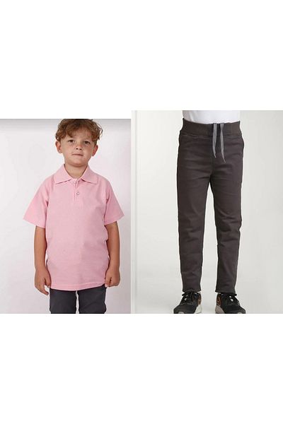 FATELLA Unisex children's school ribbed waist trousers - pink short sleeve Polo collar T-shirt 2-piece set