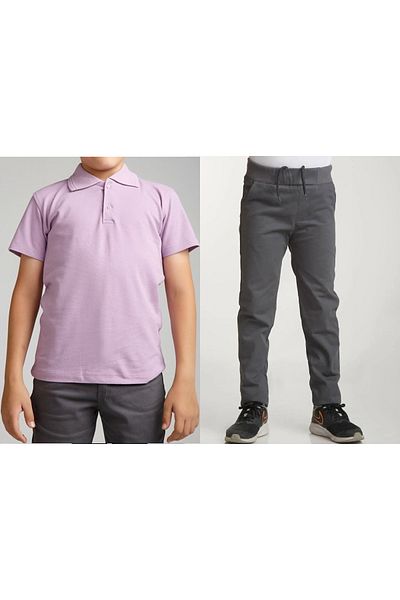 FATELLA Unisex children's school ribbed waist trousers - lilac short sleeve Polo collar T-shirt 2-piece set