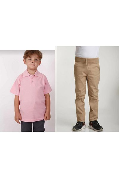 FATELLA Unisex children's school ribbed waist trousers - pink short sleeve Polo collar T-shirt 2-piece set
