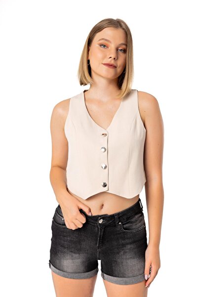 DISENTIS MODEST Жіночий жилет з ґудзиками, V-подібним коміром та підкладкою, короткий, бежевого кольору