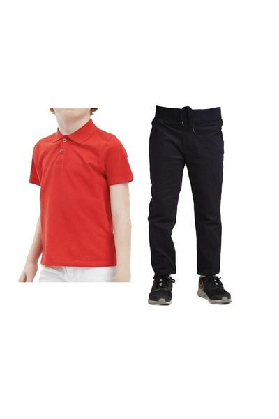 FATELLA Unisex children's school ribbed waist trousers - red short sleeve Polo collar T-shirt 2-piece set