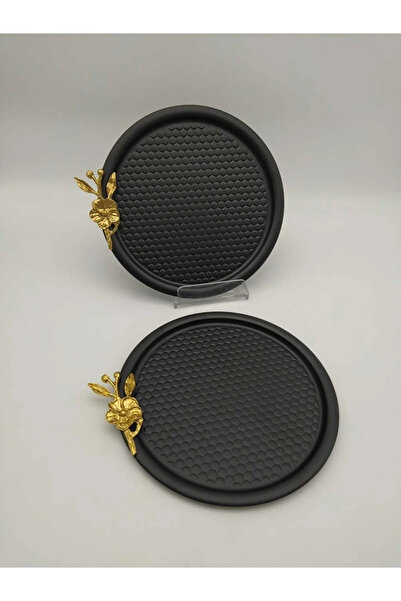 NEWTREND Züccaciye صينية تقديم زهور ذهبية مستديرة منقوشة باللون الأسود، صينية...