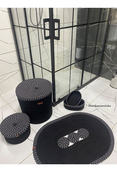 Türkmen Ev Tekstil γιούτα .Wicker Μαύρο Σετ Μπάνιου, Σετ Μπάνιου, Χαλάκι, Καλάθι Πλυντηρίου, Καλάθι Μακιγιάζ, Σετ Χαλάκι