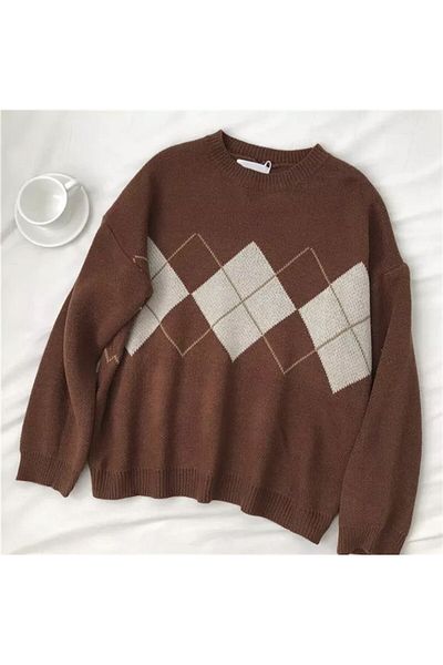 Touz Пуловер Chubby Chubby Harajuku Vintage Brown Karted Oversized