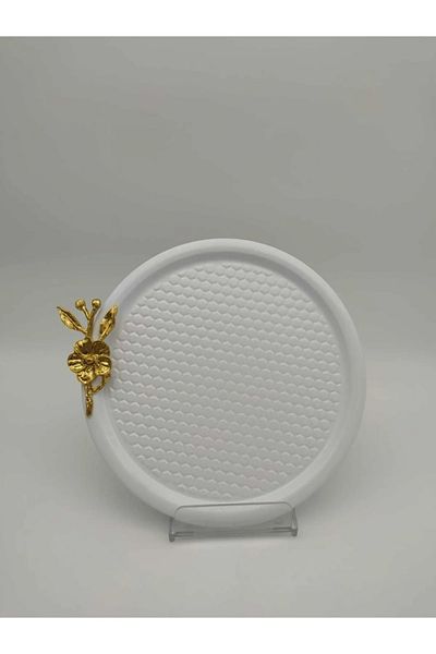 NEWTREND Züccaciye Set of 2 White Round Patterned Gold Floral Presentation Tray, Decorative Serving Tray Tea Coffee 23 Cm