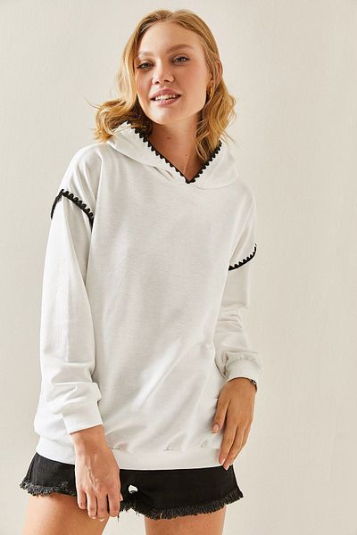 XHAN White Embroidery Detailed Hooded Sweatshirt 3YXK8-47510-01