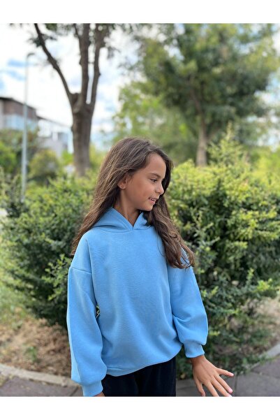 MORNİNG KİDS Çocuk Unisex Kapşonlu Bebe Mavi Düz Sweatshirt
