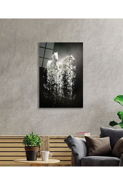 Rosyvien White Horses Portrait Geometric Patterned Glass Painting, Home and Office Wall Decoration, Gift, Tempered Glass