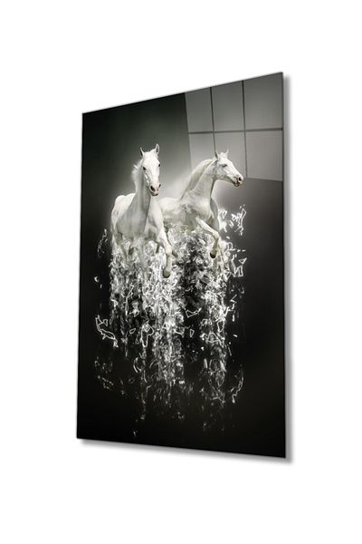 Rosyvien White Horses Portrait Geometric Patterned Glass Painting, Home and Office Wall Decoration, Gift, Tempered Glass