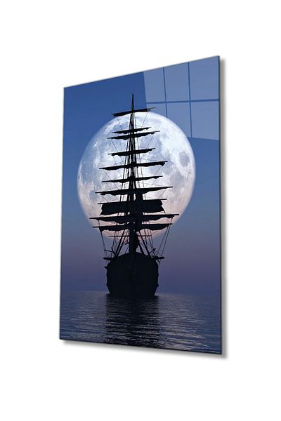 Rosyvien Moon Night Sea Sailboat și Nature Landscape Pictură pe sticlă, Decor de perete pentru casă și birou, Cadou, Sticlă călită