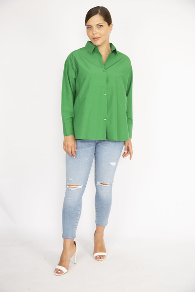 Şans Women's Large Size Green Poplin Fabric Front Buttoned Side Slit Long Sleeve Shirt 65N36798