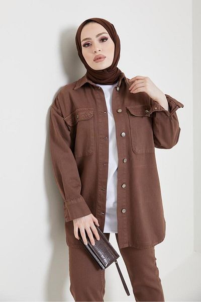 benguen 8175 Jacket Trousers Hijab Double Denim Set Brown