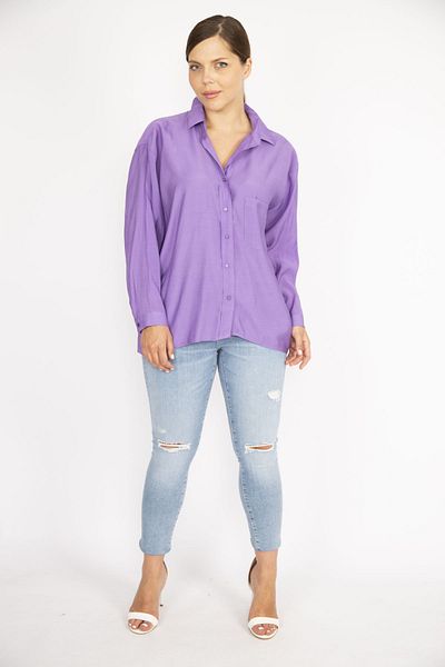 Şans Women's Large Size Lilac Poplin Fabric Buttoned Front Long Tunic 65N36797