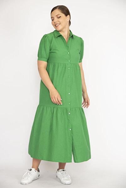 Şans Γυναικείο φόρεμα μεγάλου μεγέθους πράσινο ύφασμα ποπλίνα μπροστινό μήκος με κουμπιά 65N36790