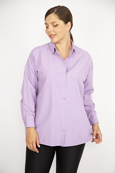 Şans Women's Large Size Lilac Front Buttoned Long Sleeve Shirt 65N36800