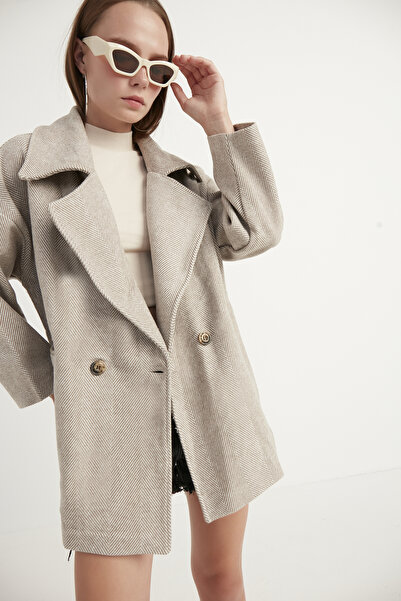 MEECY Women's Milky Brown Herringbone Oversize Short Coat