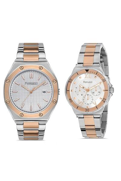 Ferrucci 1. Sınıf Çelik Spor Şık Sevgili Çift Kol Saat+Bileklik Hediyeli
